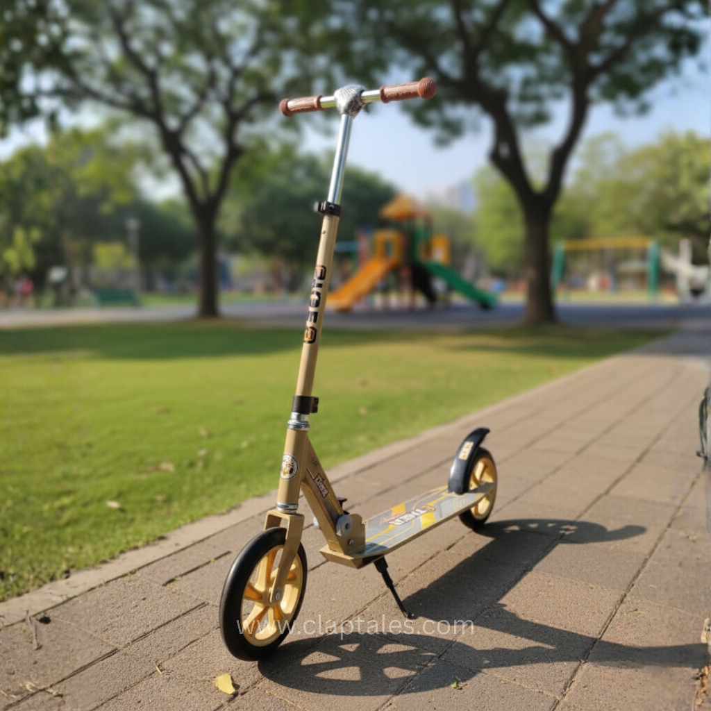 Teen and adult riding foldable kick scooter for outdoor commuting